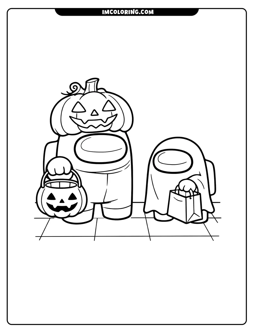 Black and white Among Us crewmates trick or treating in costume coloring sheet