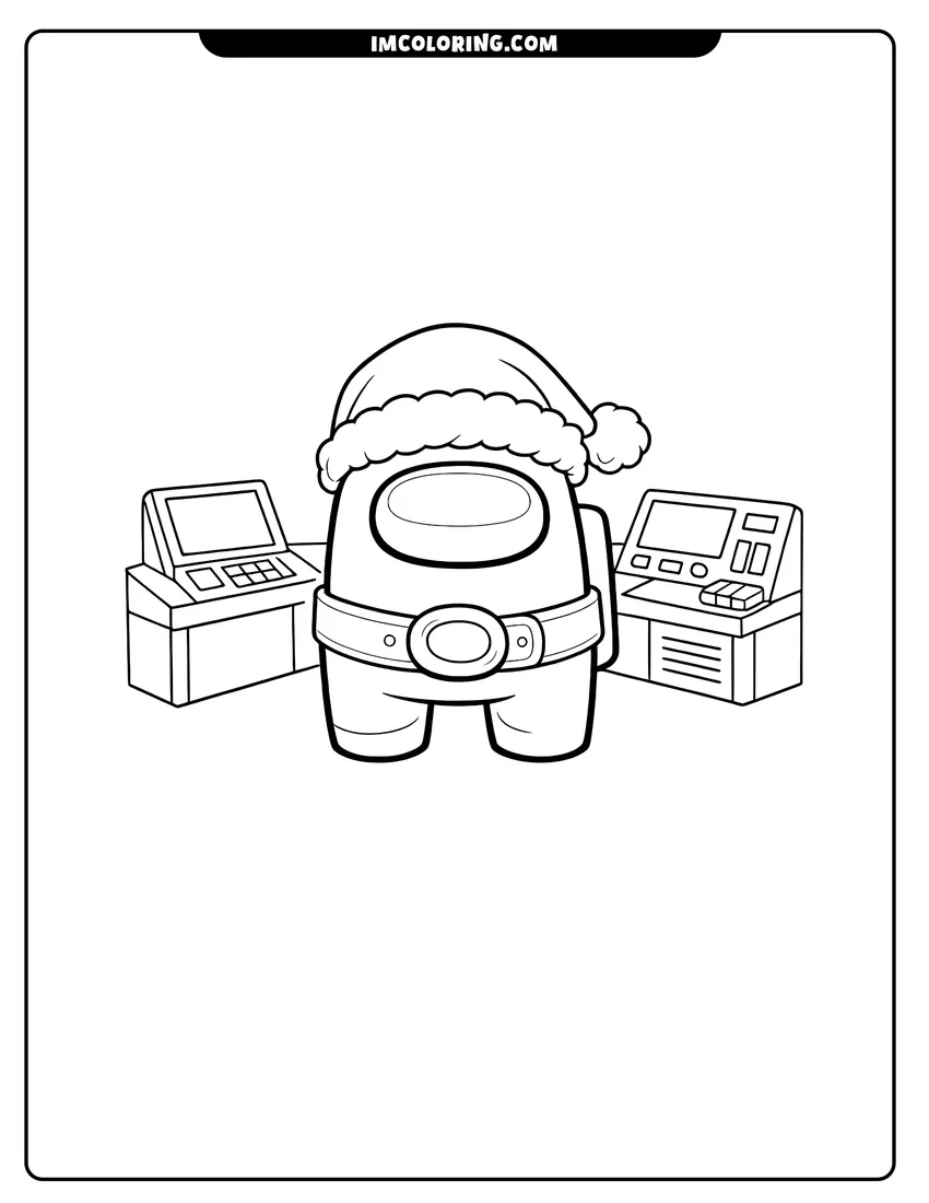 Simple sketch of Among Us crewmate wearing a Santa hat for children