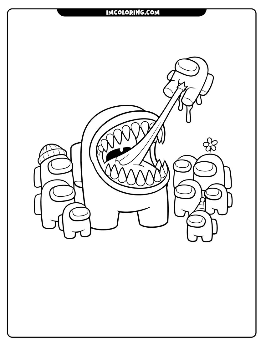 Detailed Among Us imposter catching a mini crewmate design for coloring
