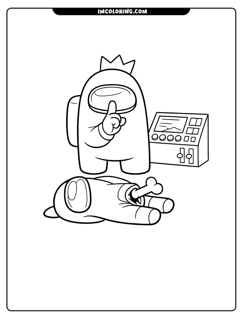 Illustration of Among Us imposter making a shushing gesture ready for painting