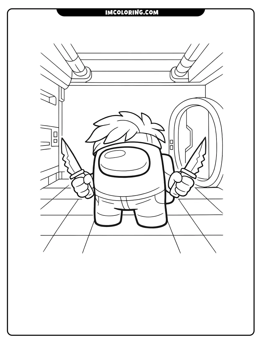 Detailed Among Us imposter holding two knives in a hallway design for coloring