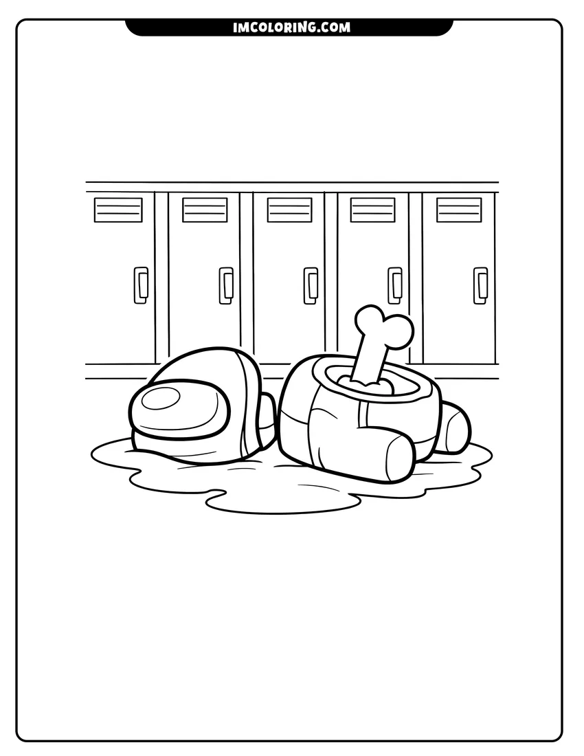 Easy-to-color Fallen Among Us crewmate body by spaceship lockers illustration