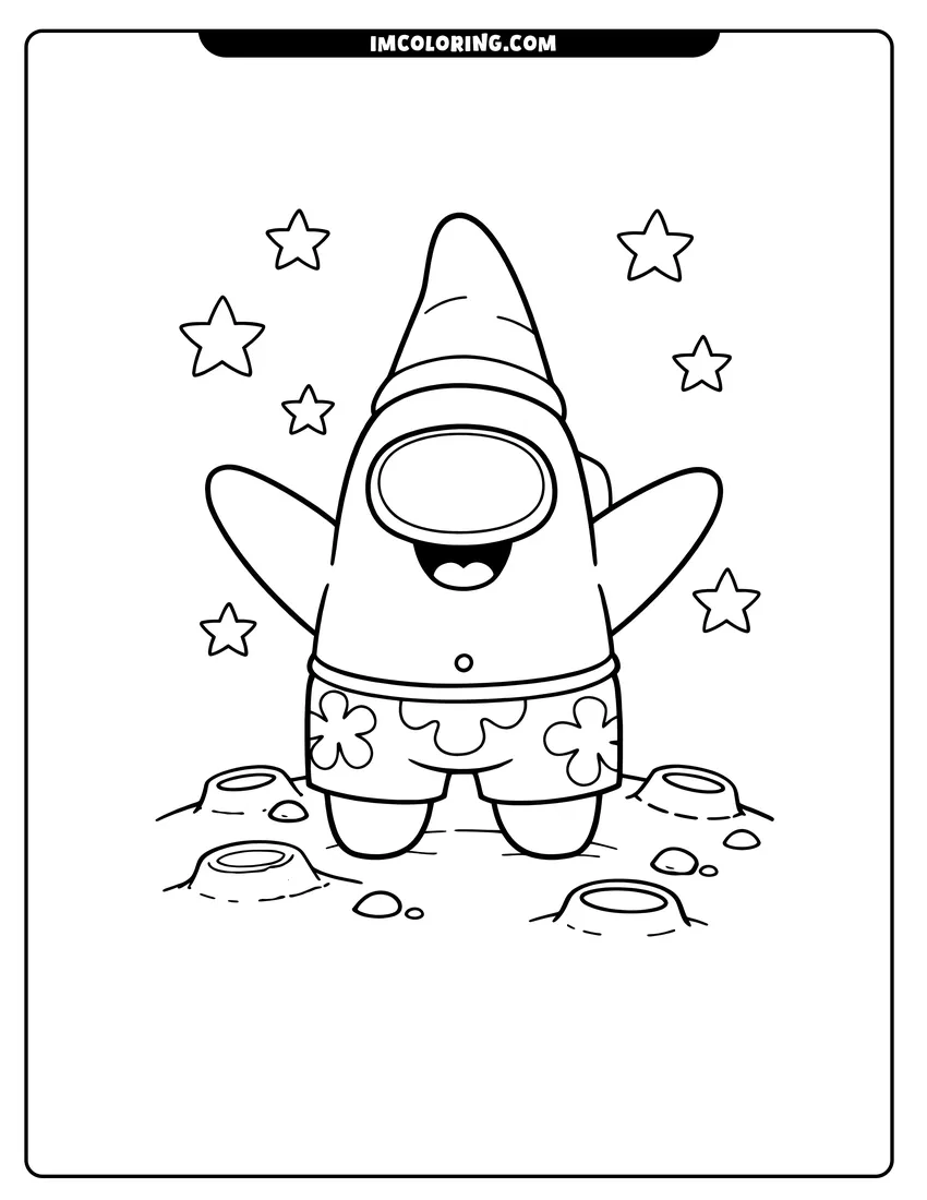 Among Us crewmate dressed as Patrick Star coloring page for preschoolers