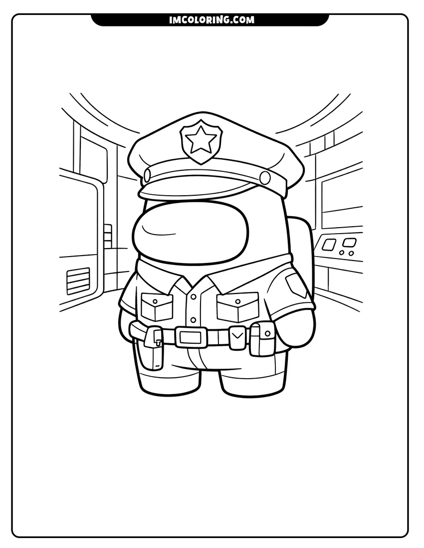 Printable coloring page featuring Among Us crewmate wearing a police officer uniform