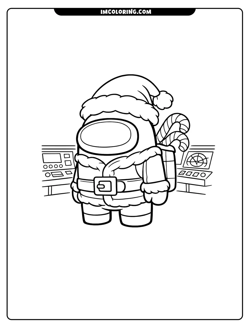 Cute Among Us crewmate wearing a Santa Claus suit outline for coloring