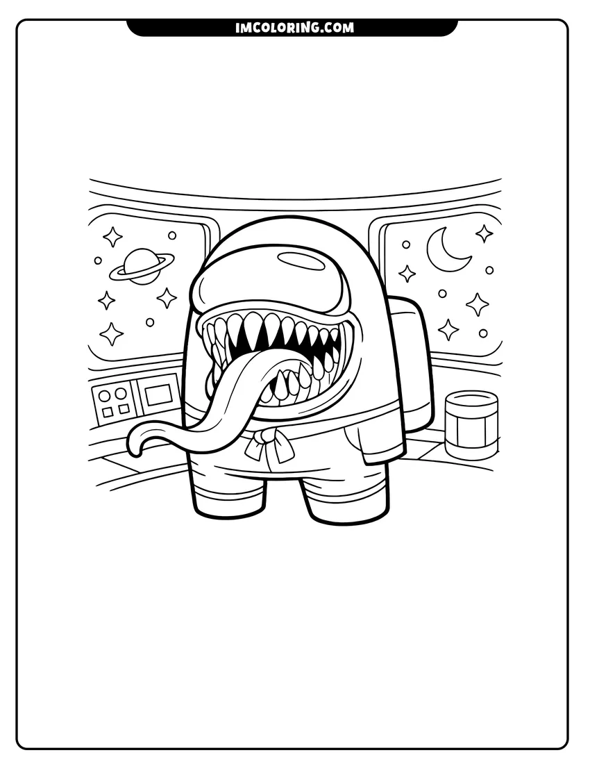 Among Us imposter with sharp teeth in spaceship drawing meant for coloring