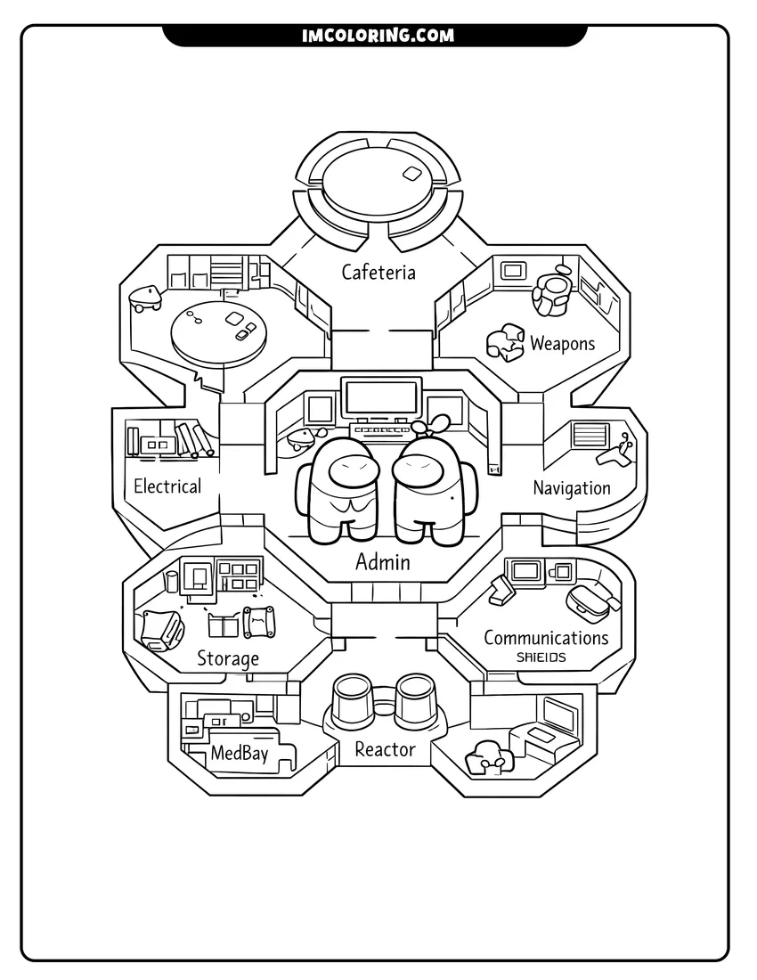 Outline of Top-down floor plan of the Skeld Among Us map on a white background
