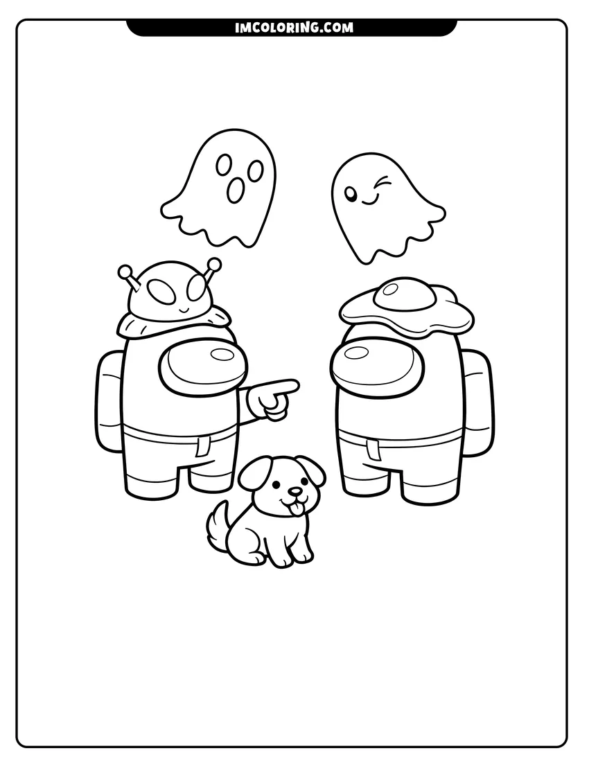 Cute Among Us crewmates suspecting each other in space outline for coloring