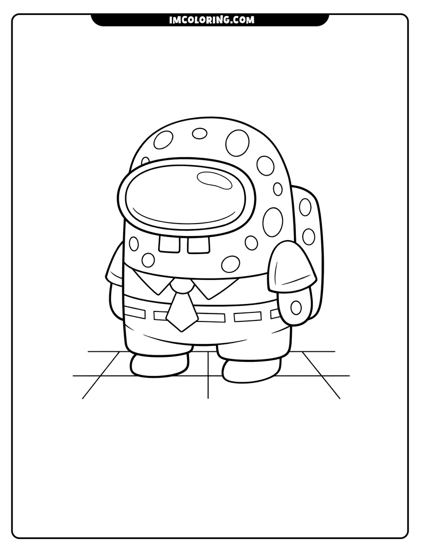 Kids activity sheet showing SpongeBob-themed Among Us crewmate with red tie