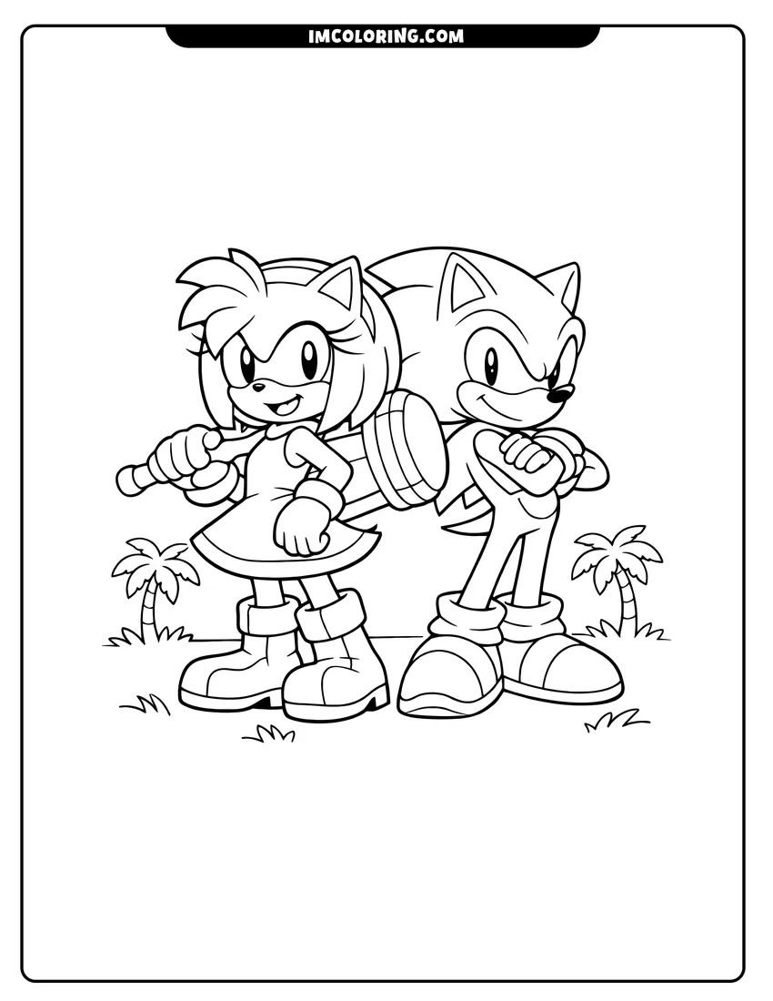 Line art depicting Amy Rose and Sonic standing together