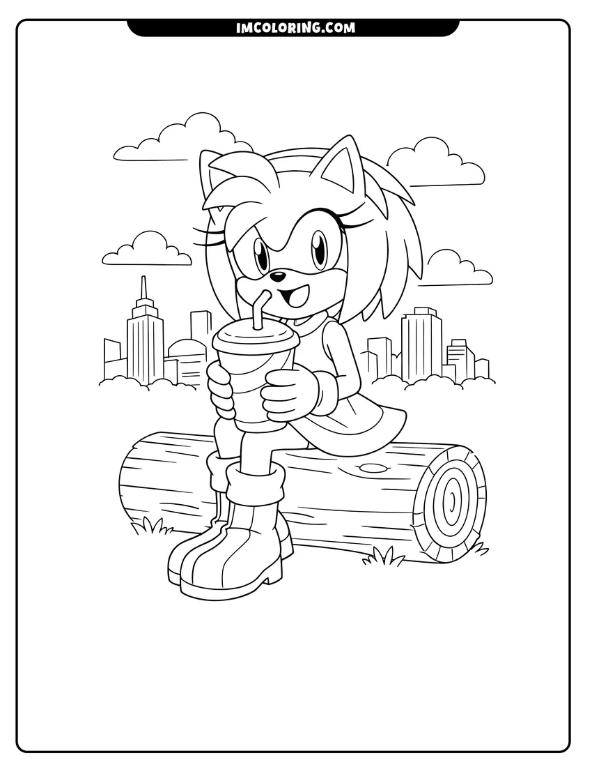 Kids activity sheet showing Amy Rose sitting with a drink