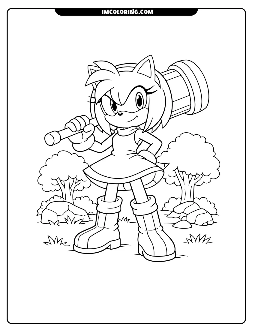 Amy Rose swinging her Piko Piko Hammer drawing meant for coloring