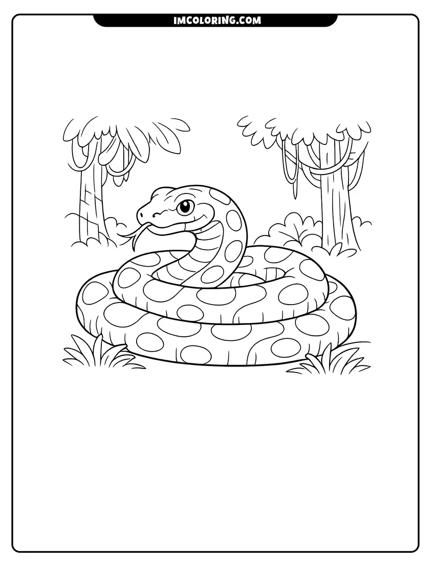 Large spotted Anaconda coiled on jungle ground near trees coloring page for preschoolers