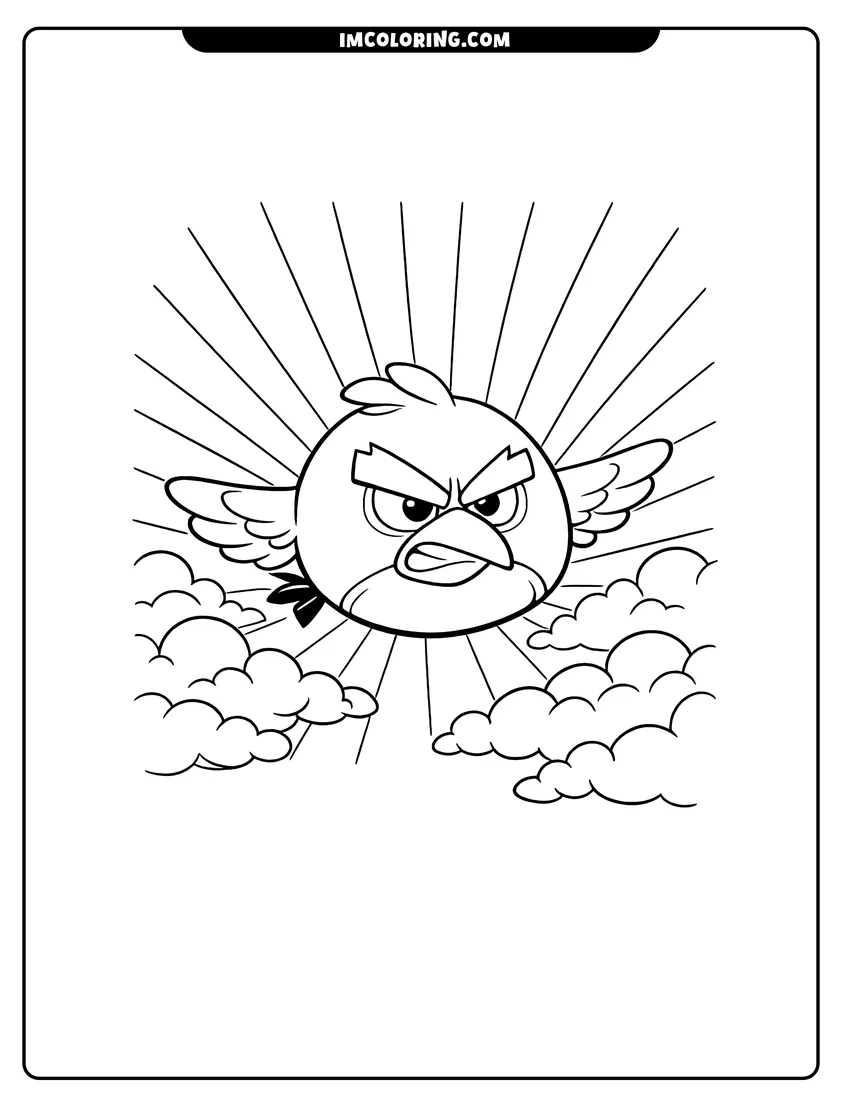 Kids activity sheet showing Red the bird soaring through puffy clouds and sunbeams