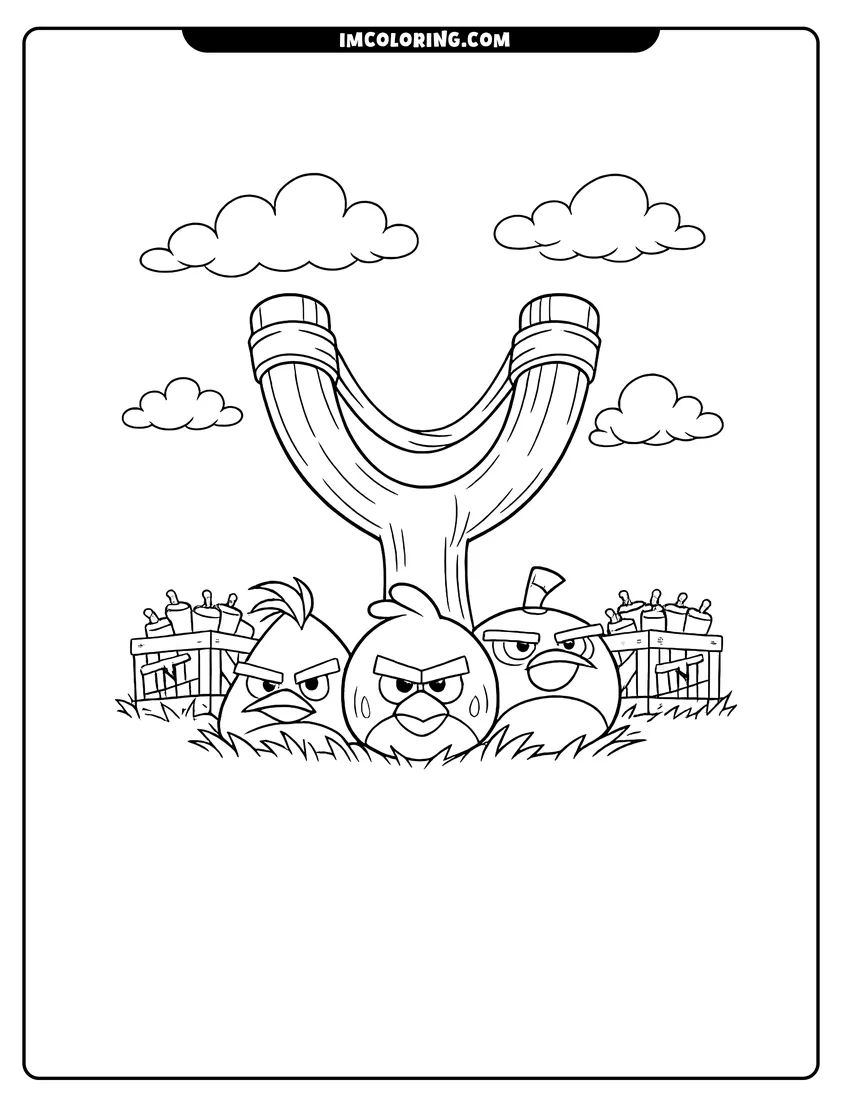 Outline of Three birds standing in grass near a giant slingshot on a white background