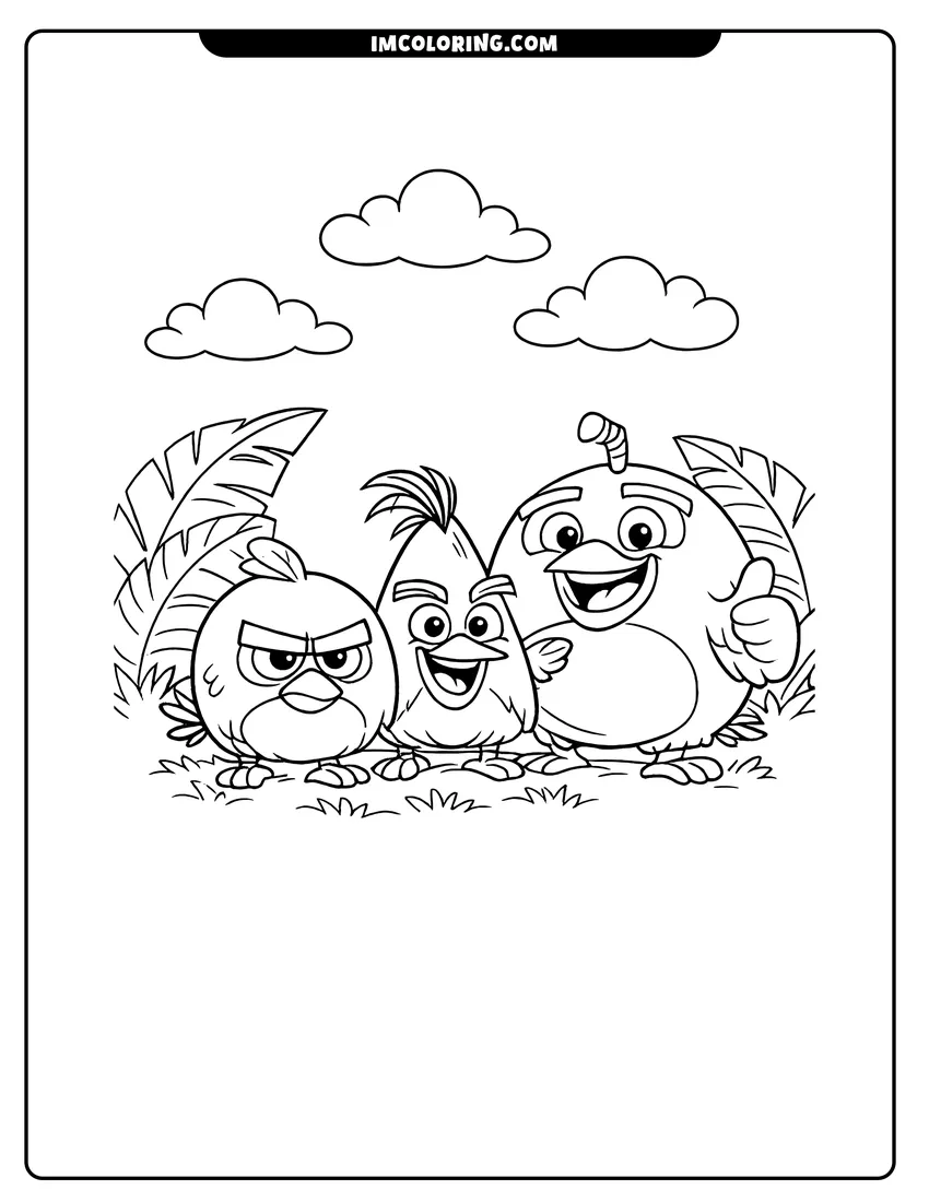 Outline of Red Chuck and Bomb standing together with tropical leaves on a white background