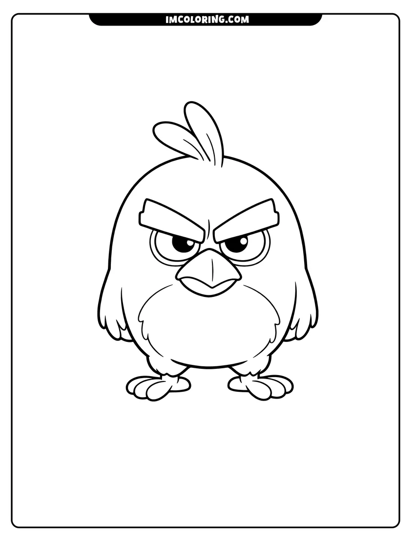 Coloring sheet of Red the bird standing firmly with thick eyebrows for kids