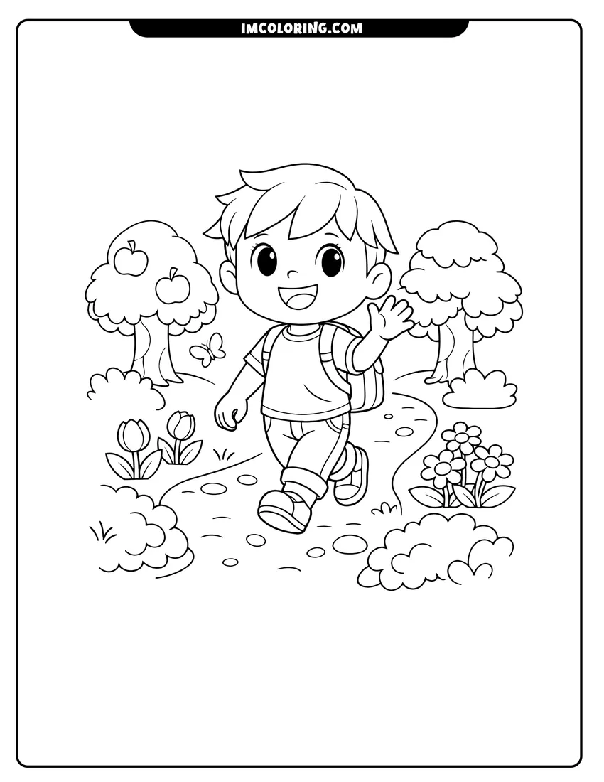Detailed Boy villager with backpack walking on a path design for coloring