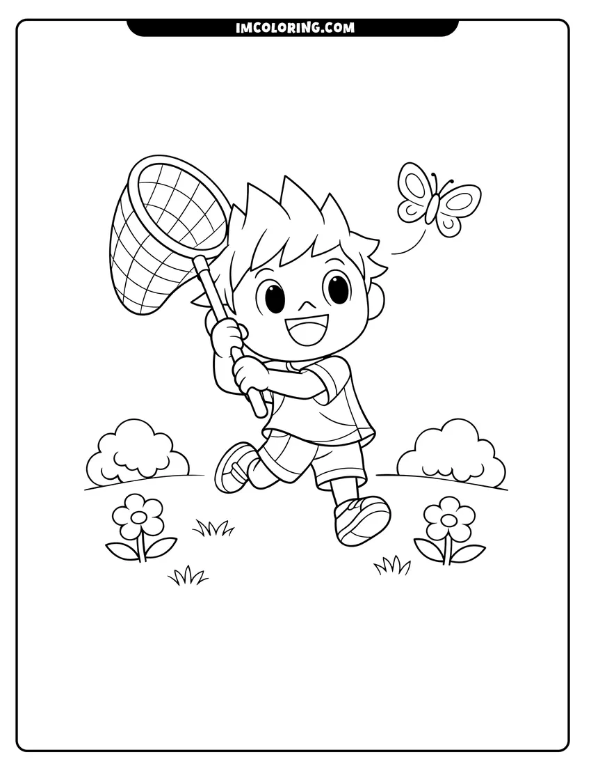 Outline of Villager with bug net catching a butterfly on a white background