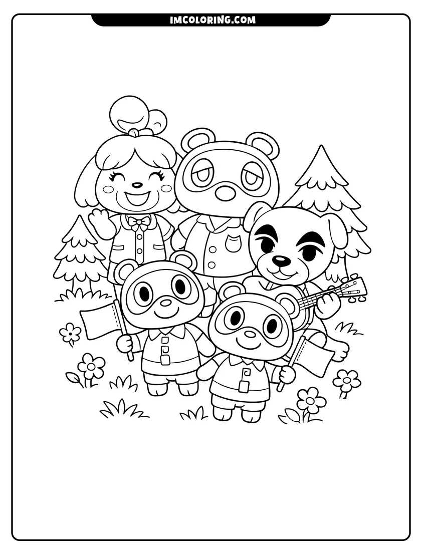 Coloring sheet of Isabelle, Tom Nook, and K.K. Slider with Nookling twins for kids