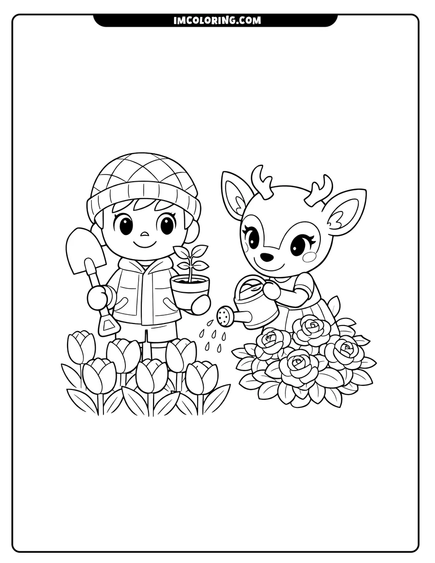 Black and white Villager and deer friend gardening in a tulip patch coloring sheet