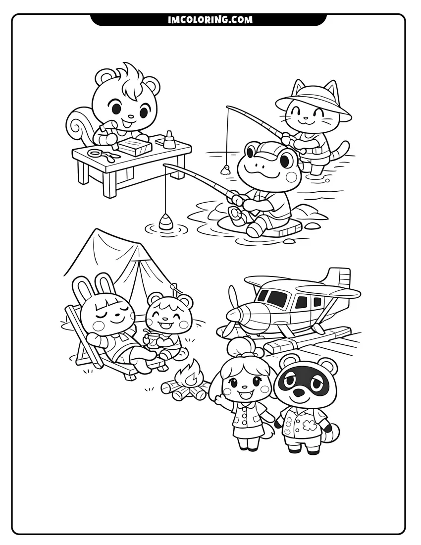 Kawaii style Villagers crafting and fishing on an Animal Crossing island coloring picture