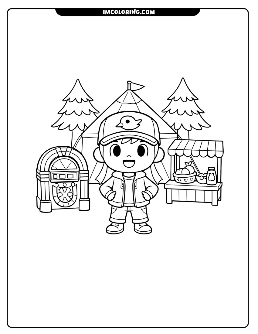 Scene showing Villager at a campsite with a jukebox and tent to color