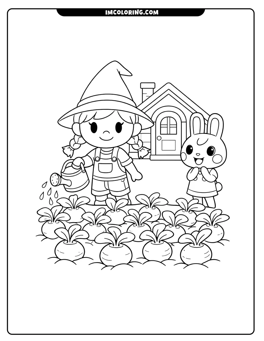 Printable coloring page featuring Villager with pigtails watering turnips near a rabbit