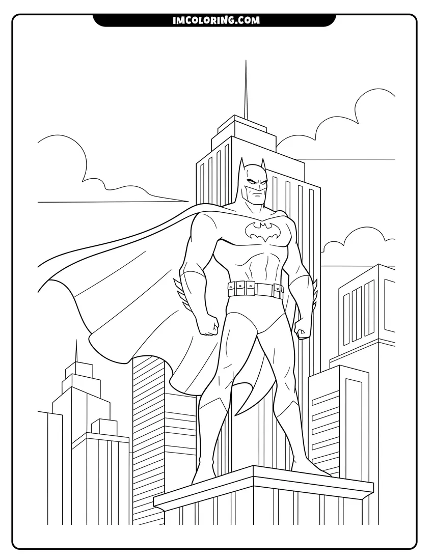 Animated series style Batman standing on a rooftop coloring page for preschoolers