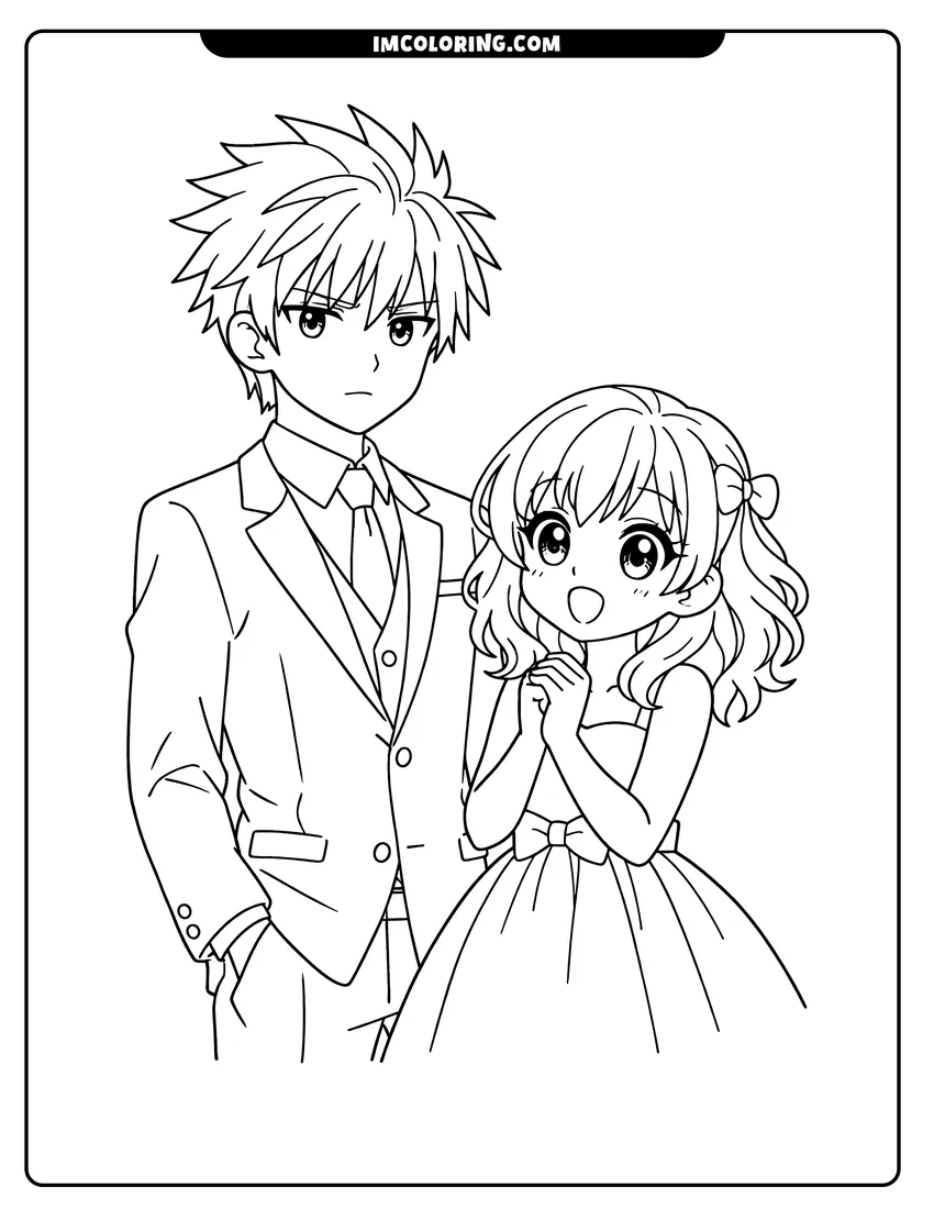 Black and white Anime girl and boy standing together in formal clothes coloring sheet