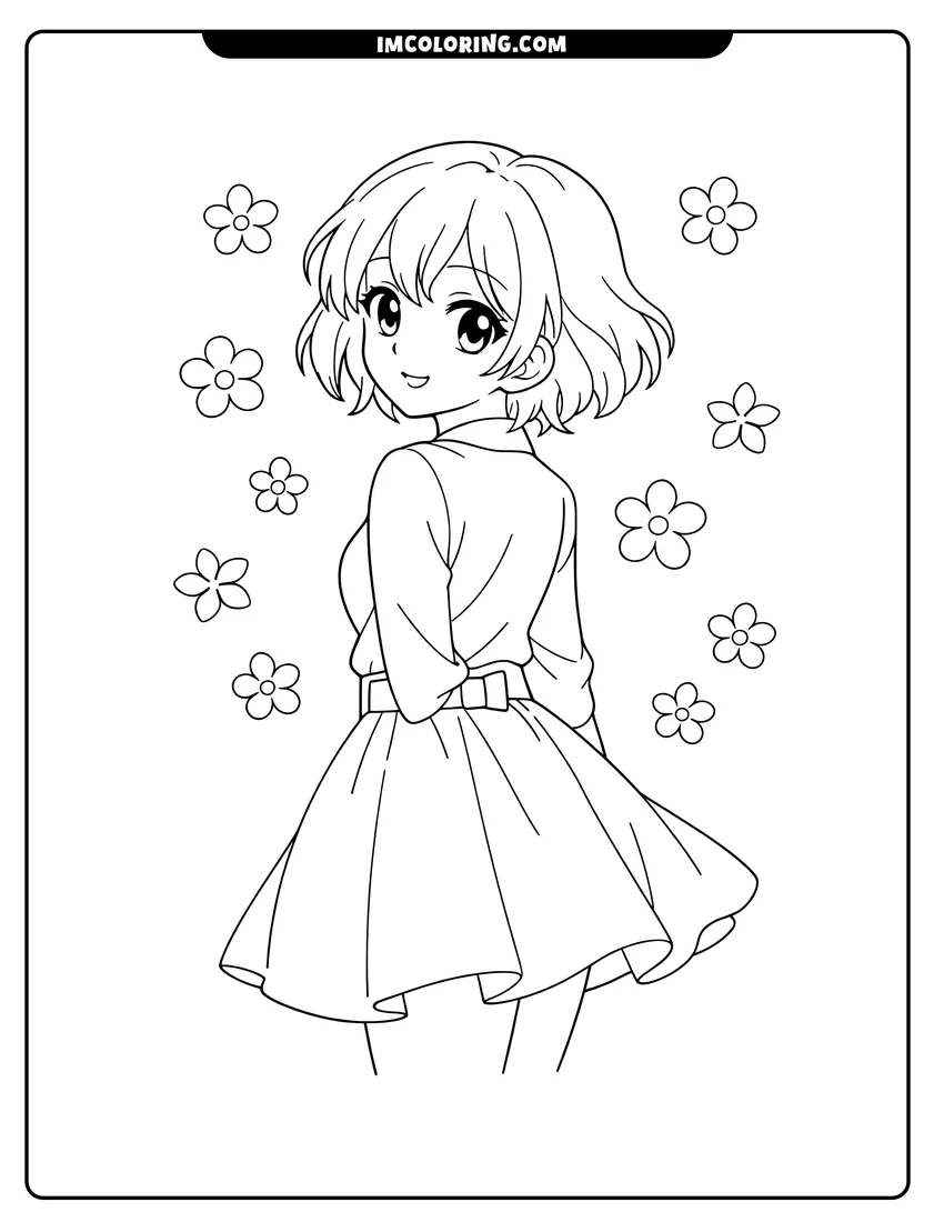 Easy-to-color Anime girl wearing a belted skirt and long sleeves illustration