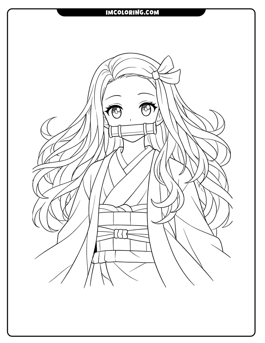 Cute Anime girl in a kimono with a bamboo muzzle outline for coloring