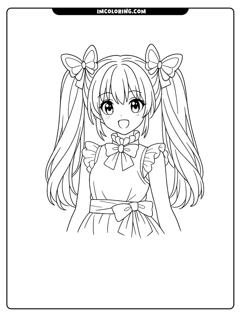 Printable outline of Anime girl with large butterfly bows in her hair