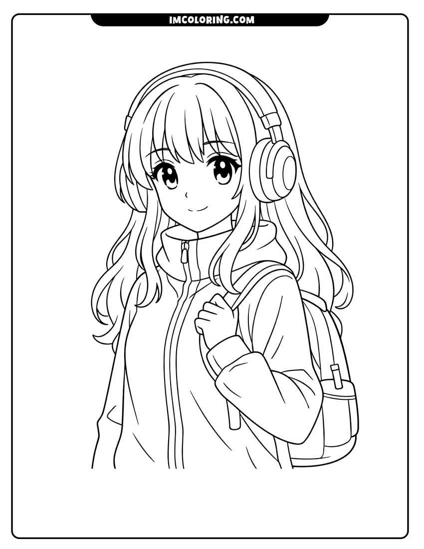 Printable coloring page featuring Anime girl wearing headphones and a backpack