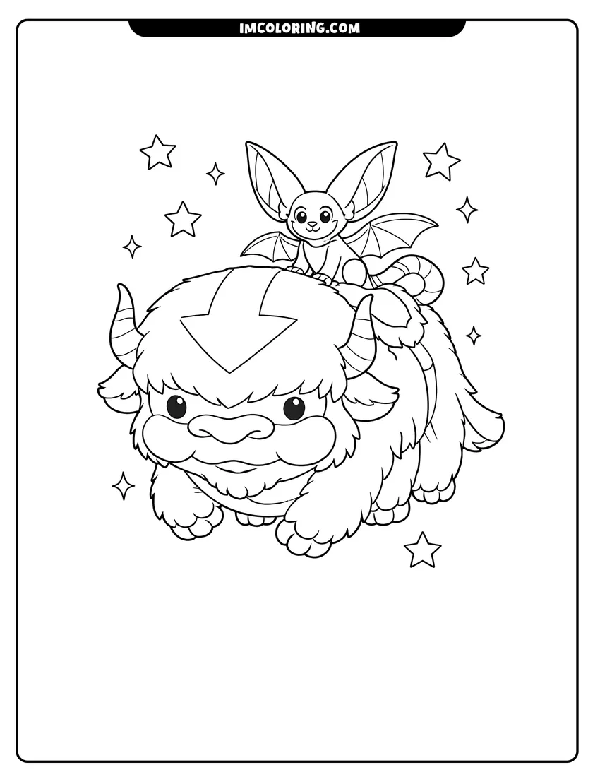 Printable Momo sitting on Appa's back coloring activity