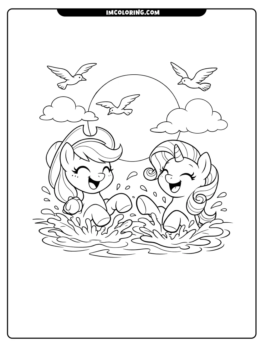Printable outline of Applejack and Rarity splashing in the water with seagulls