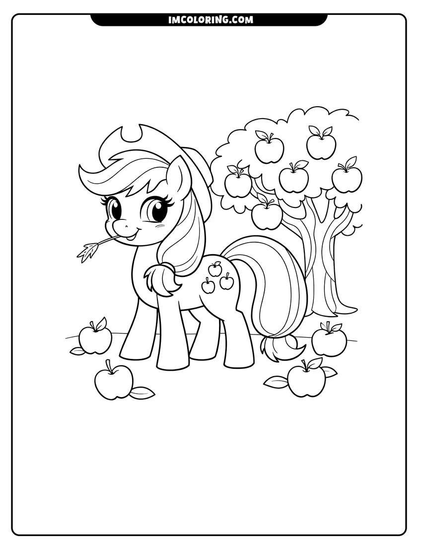 Line art depicting Applejack chewing straw next to an apple tree