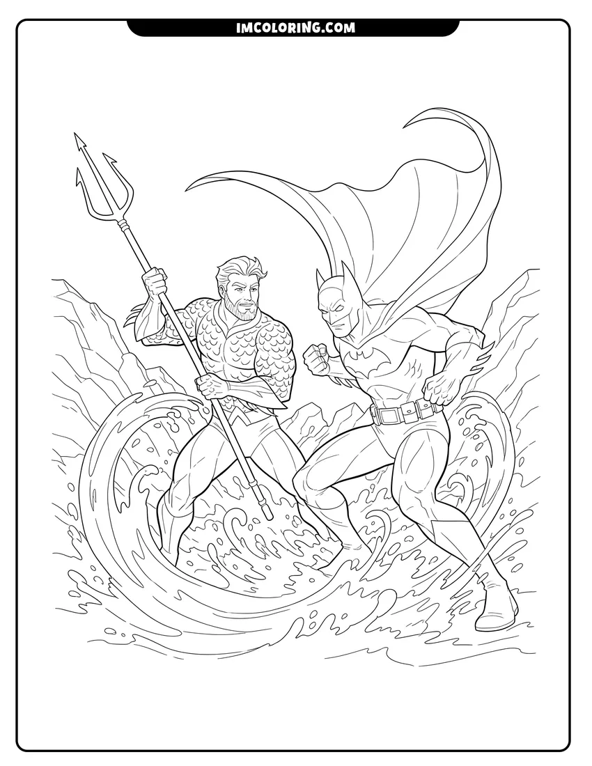 Aquaman and Batman in fighting stances near crashing water coloring page for preschoolers