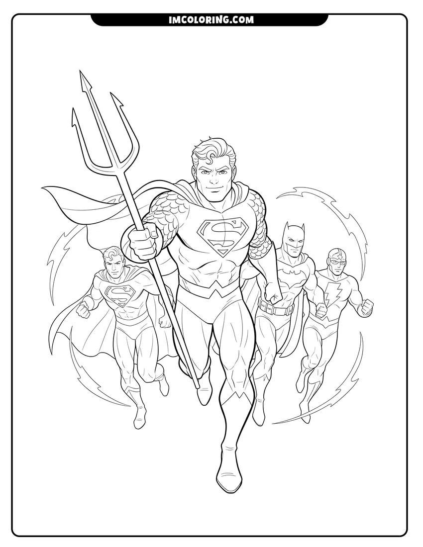 Simple sketch of Aquaman leading the Justice League team into battle for children