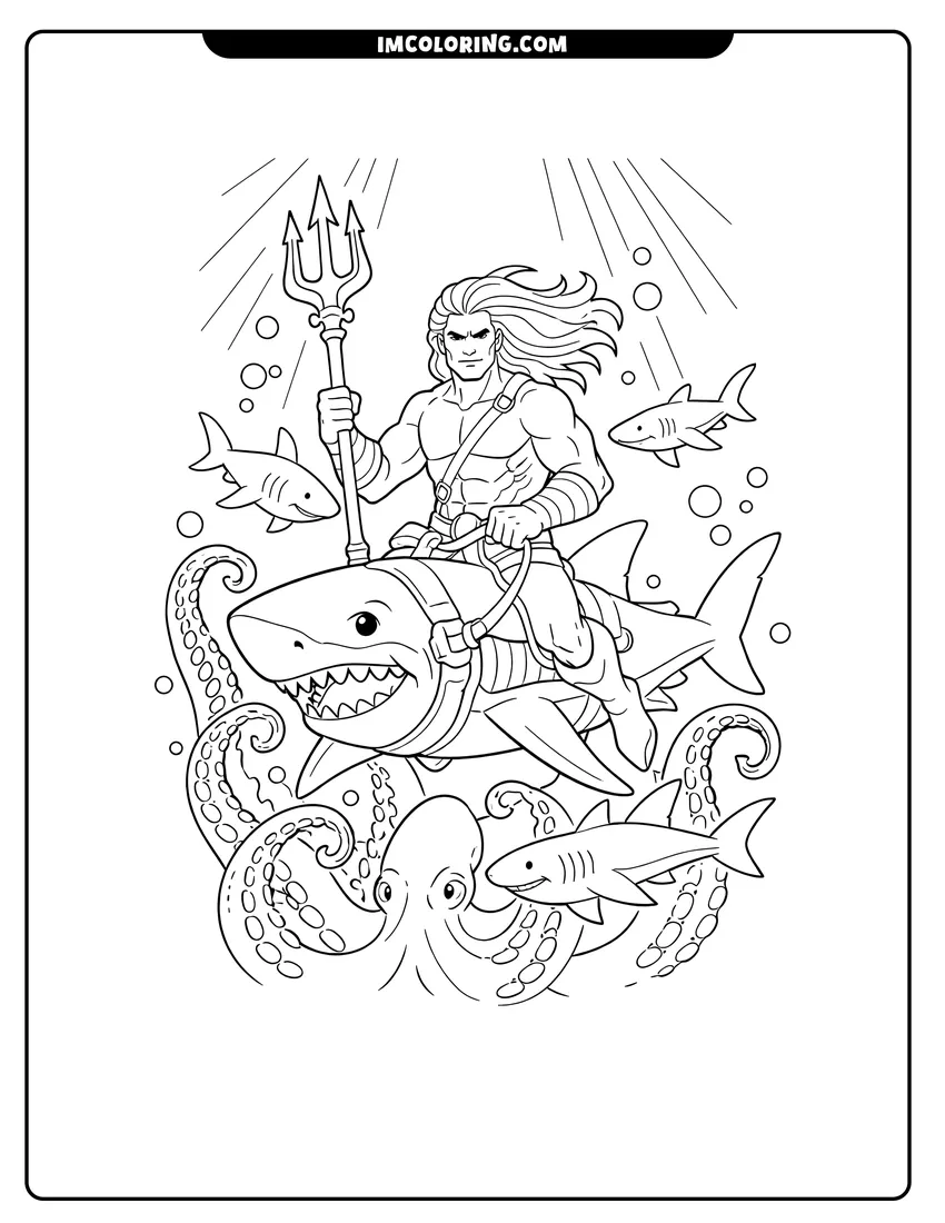 Printable coloring page featuring Aquaman riding a harnessed great white shark underwater