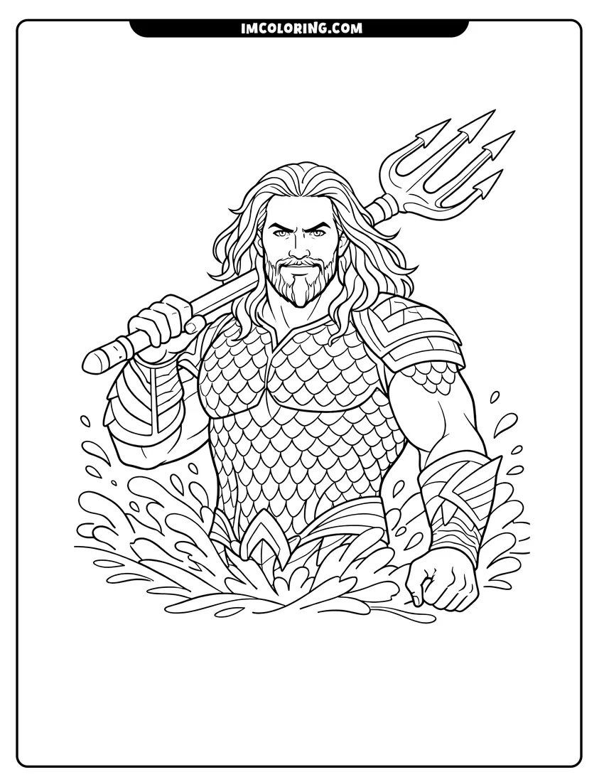 Easy-to-color Muscular Aquaman holding his trident over his shoulder illustration