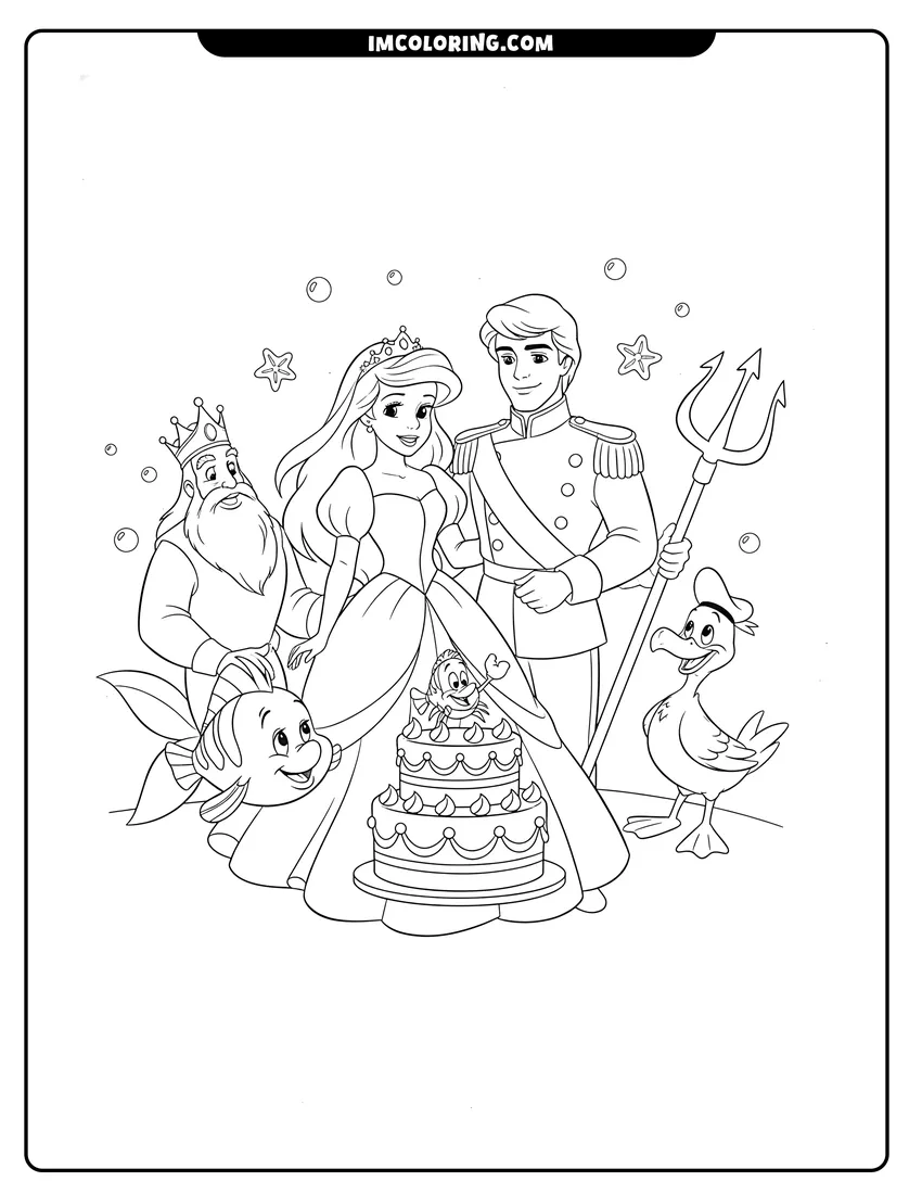 Easy-to-color Ariel and Prince Eric at their wedding with friends illustration