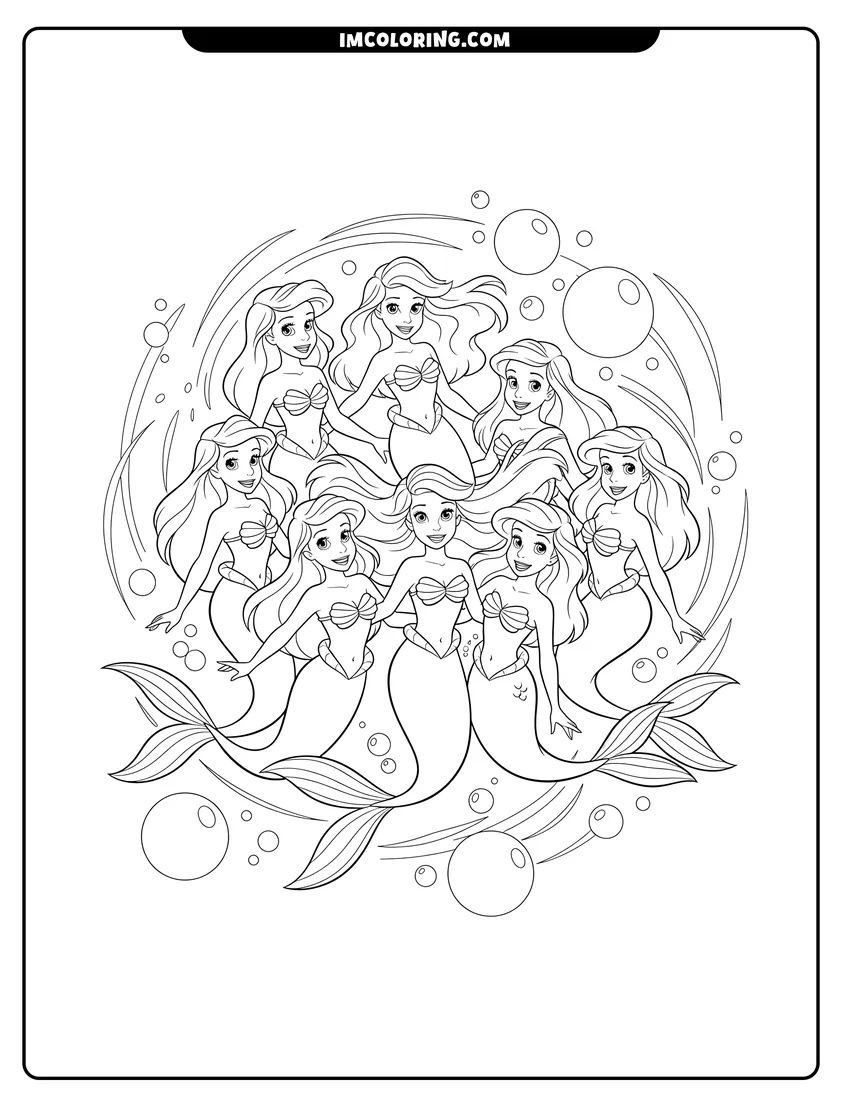 Printable Ariel swimming with her six mermaid sisters coloring activity