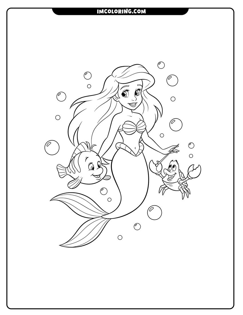 Scene showing Ariel and Flounder watching Sebastian conduct music to color