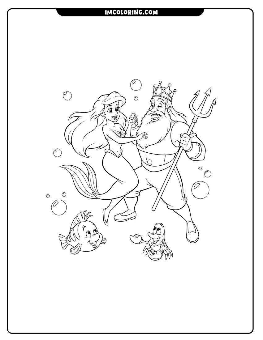 Ariel dancing with her father King Triton drawing meant for coloring
