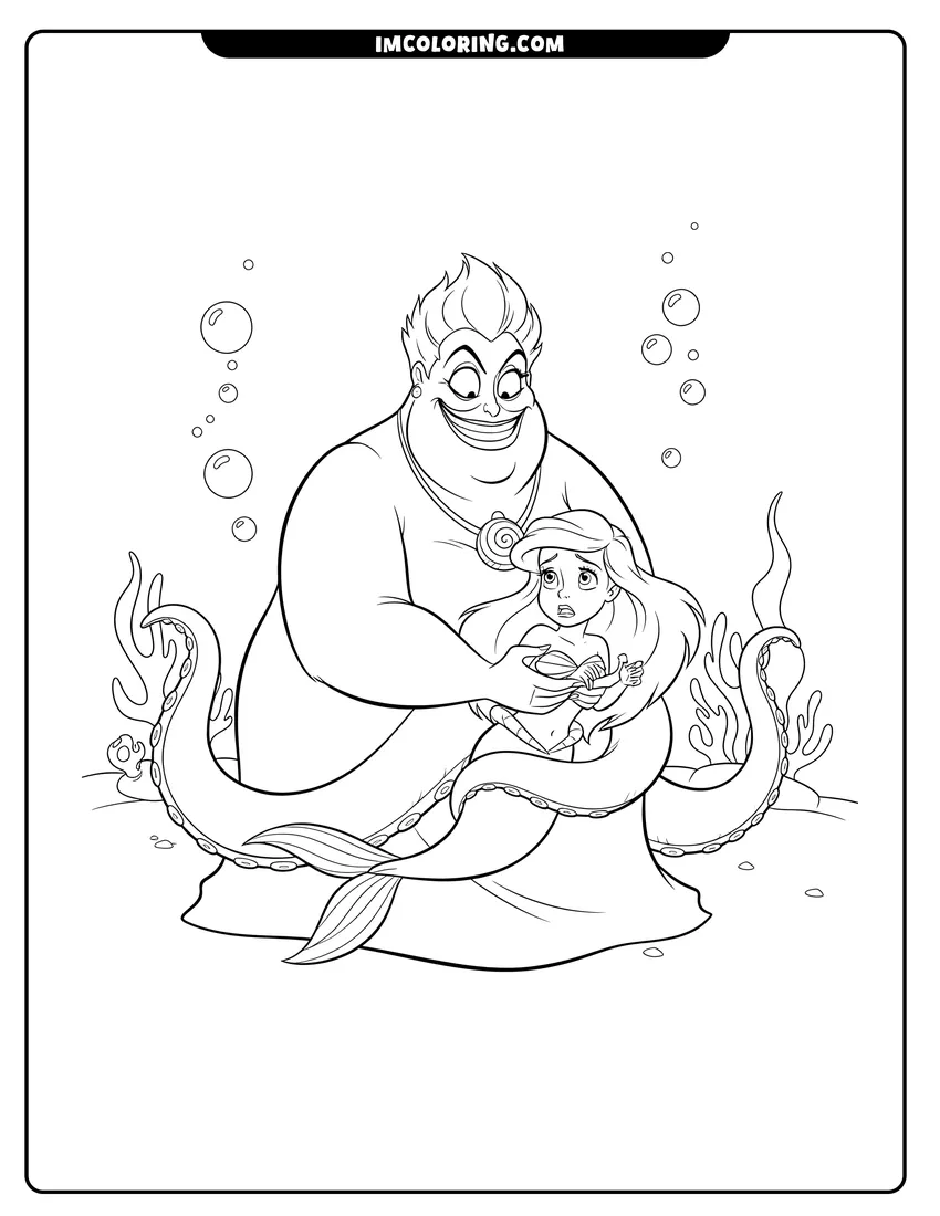 Kawaii style Ursula wrapping her tentacles around a frightened Ariel coloring picture
