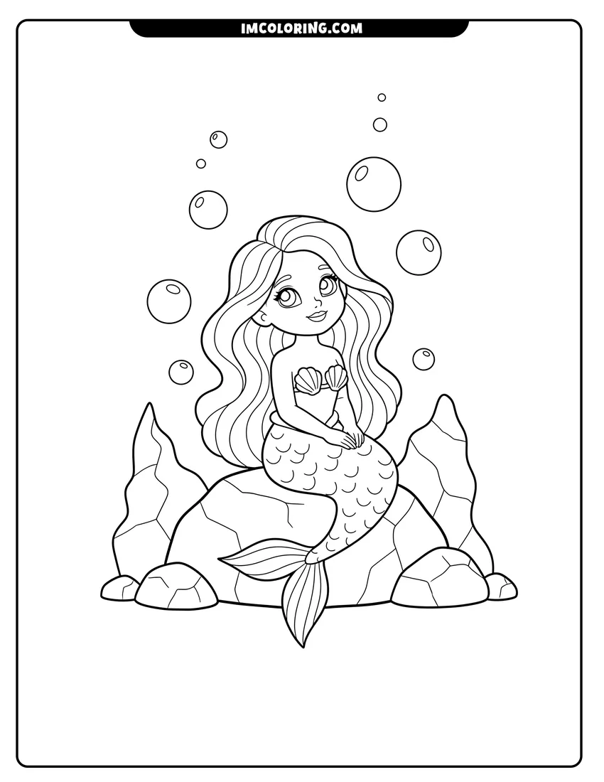 Simple sketch of Ariel sitting underwater looking up at the surface for children