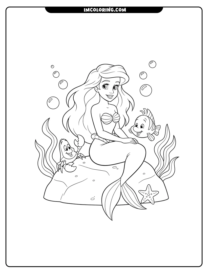 Line art depicting Ariel sitting on a rock with Flounder and Sebastian