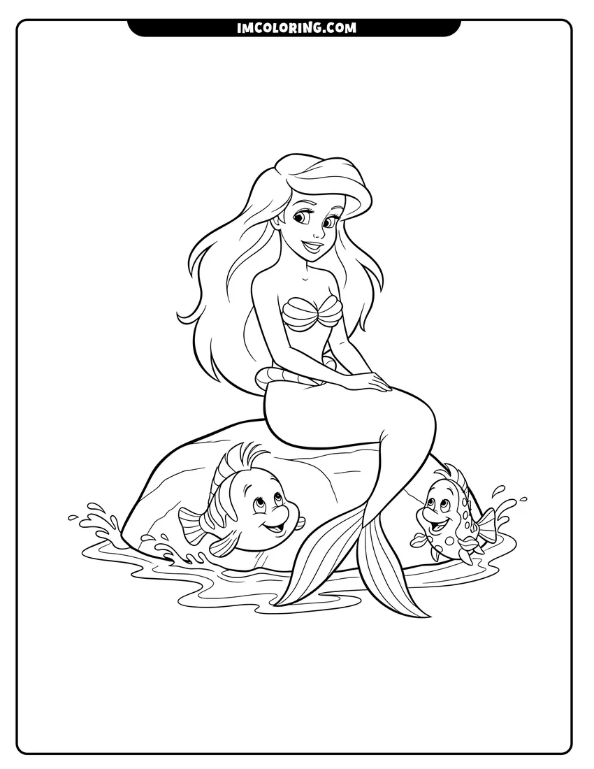 Ariel sitting on a rock with splashing water coloring page for preschoolers