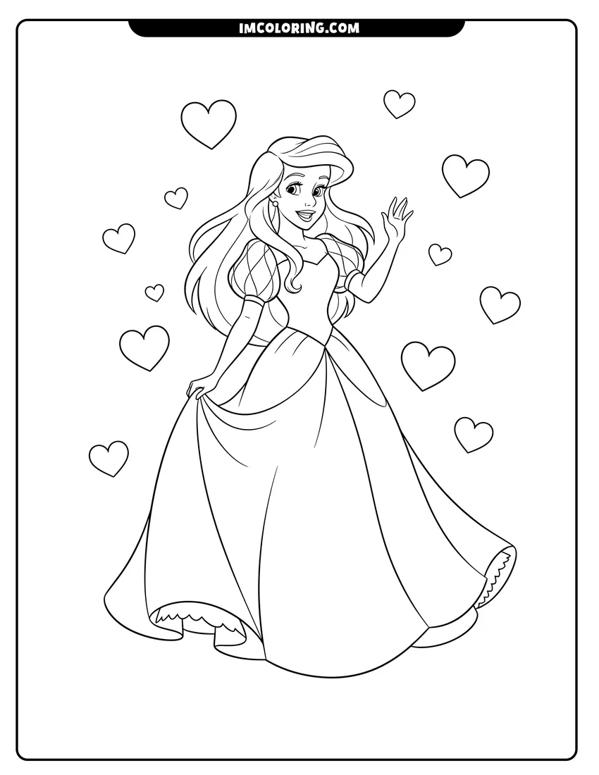 Coloring sheet of Ariel in a ball gown surrounded by hearts for kids